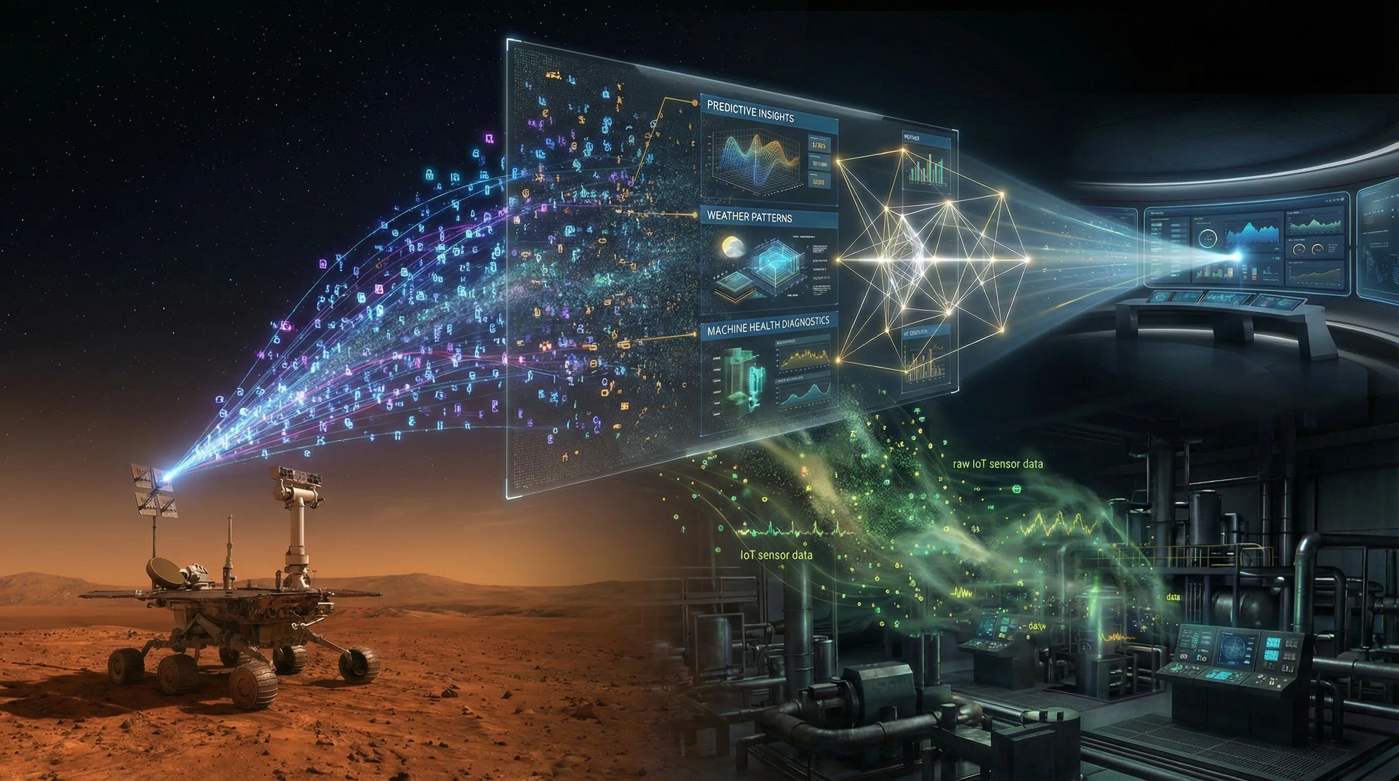 Visual representation of "Data Overload," depicting a Mars rover and industrial factory sensors blasting chaotic, unstructured data streams into a dashboard struggling to process the noise.
