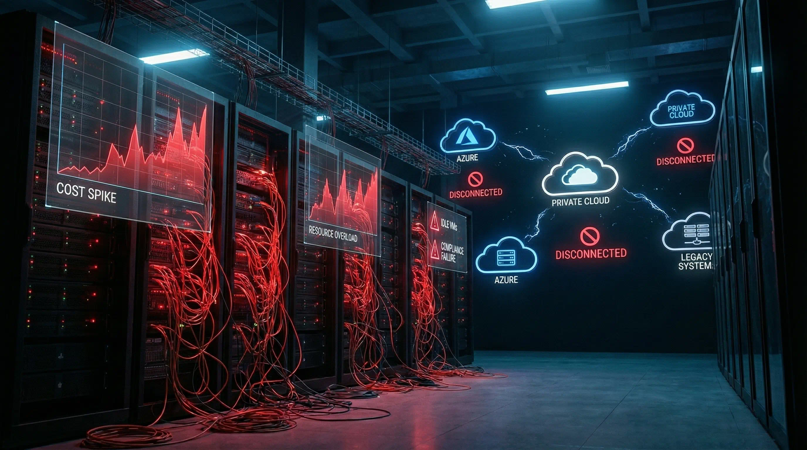 Dark server room visualizing infrastructure failure with red holographic warnings for "Cost Spike" and "Resource Overload," alongside icons indicating disconnected cloud services.
