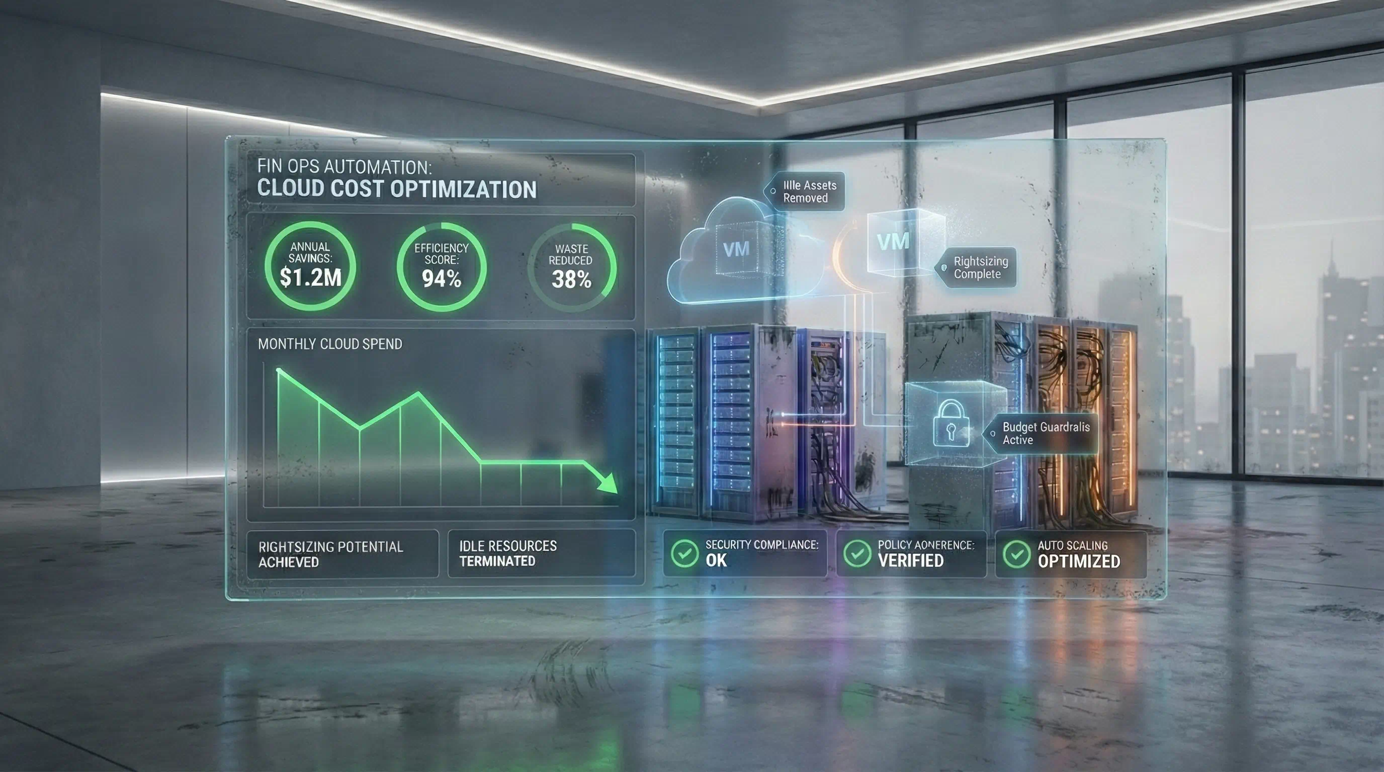 Augmented reality view of a server room displaying "FinOps Automation" metrics, highlighting $1.2M in annual savings, a 94% efficiency score, and active idle resource termination.