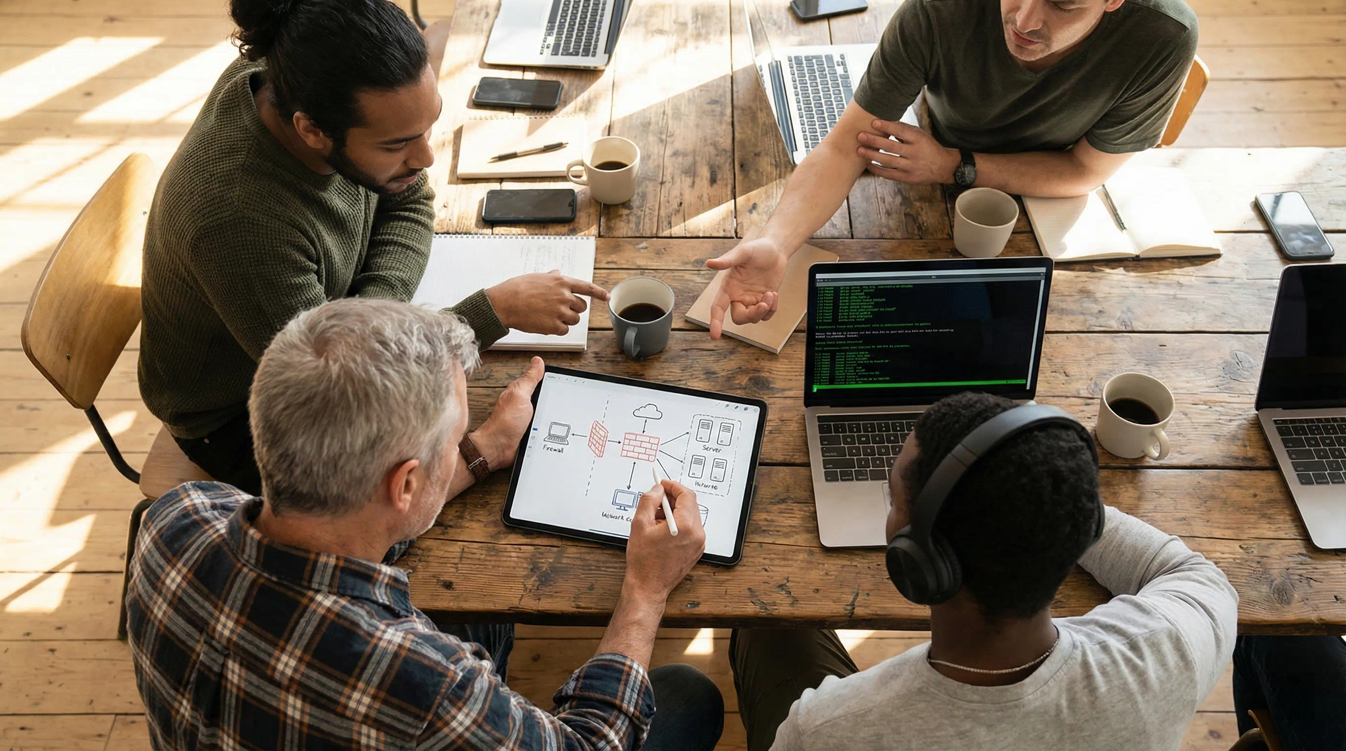Diverse engineering team reviewing a network security diagram on a tablet with a senior mentor.