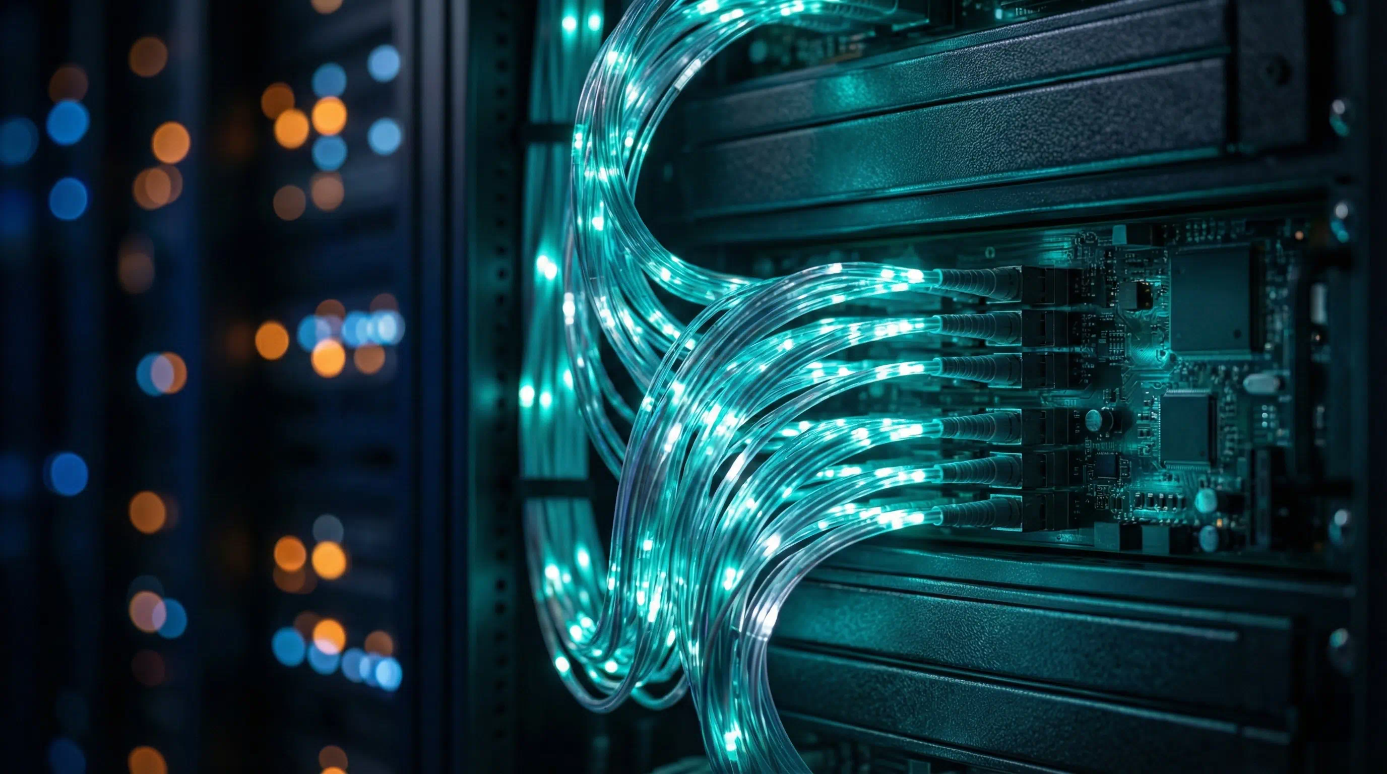 Close-up of glowing teal fiber optic cables connected to high-performance server infrastructure.