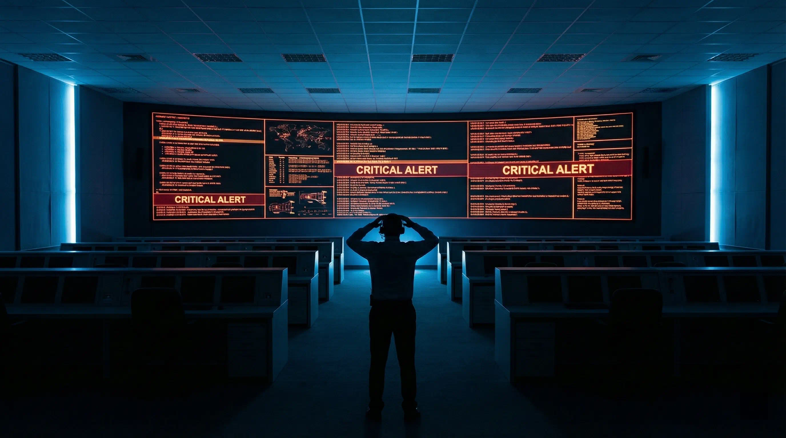 Frustrated engineer in a mission control room facing a wall of critical red alert screens.