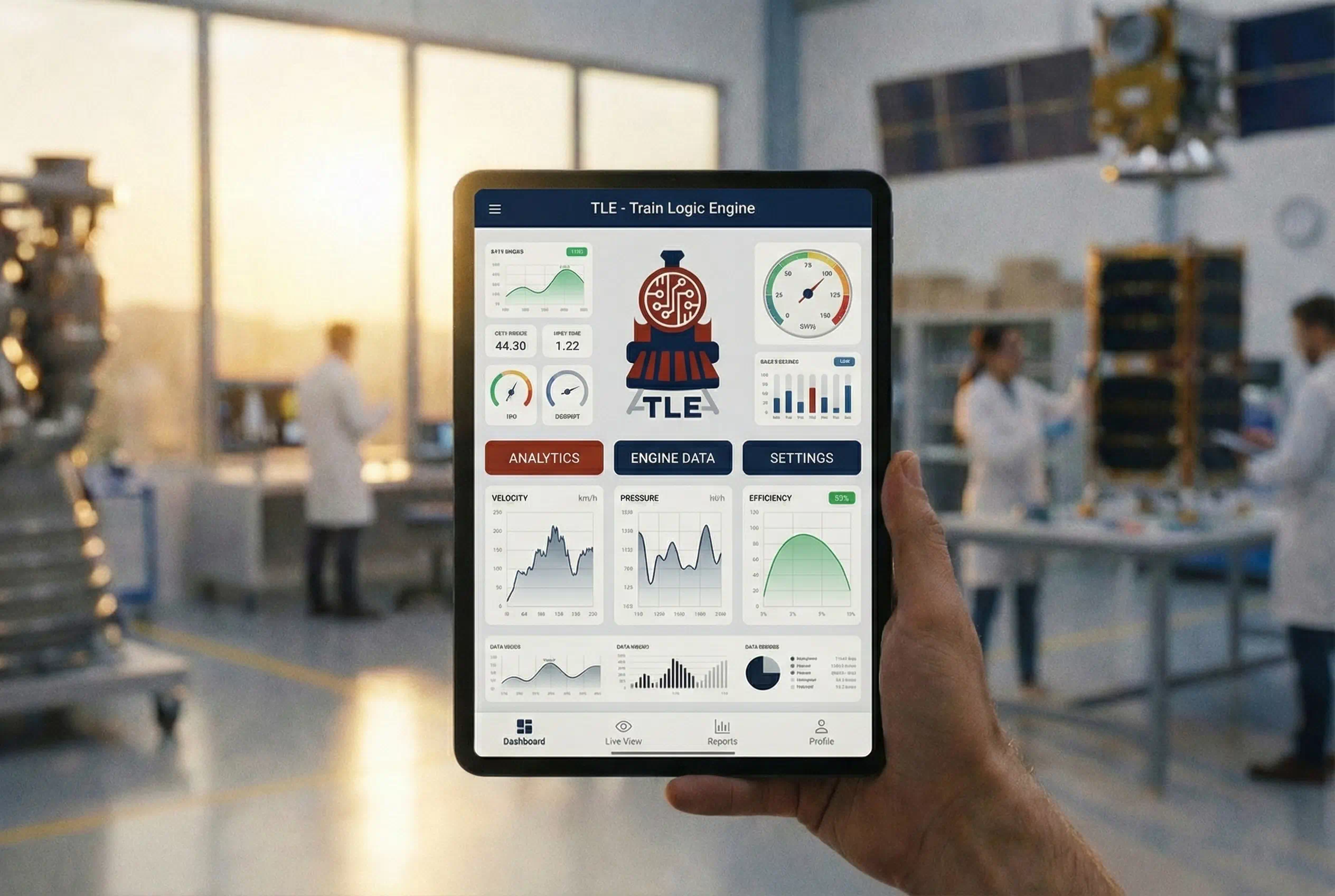 Handheld tablet showing The Little Engine (TLE) analytics dashboard for real-time telemetry.