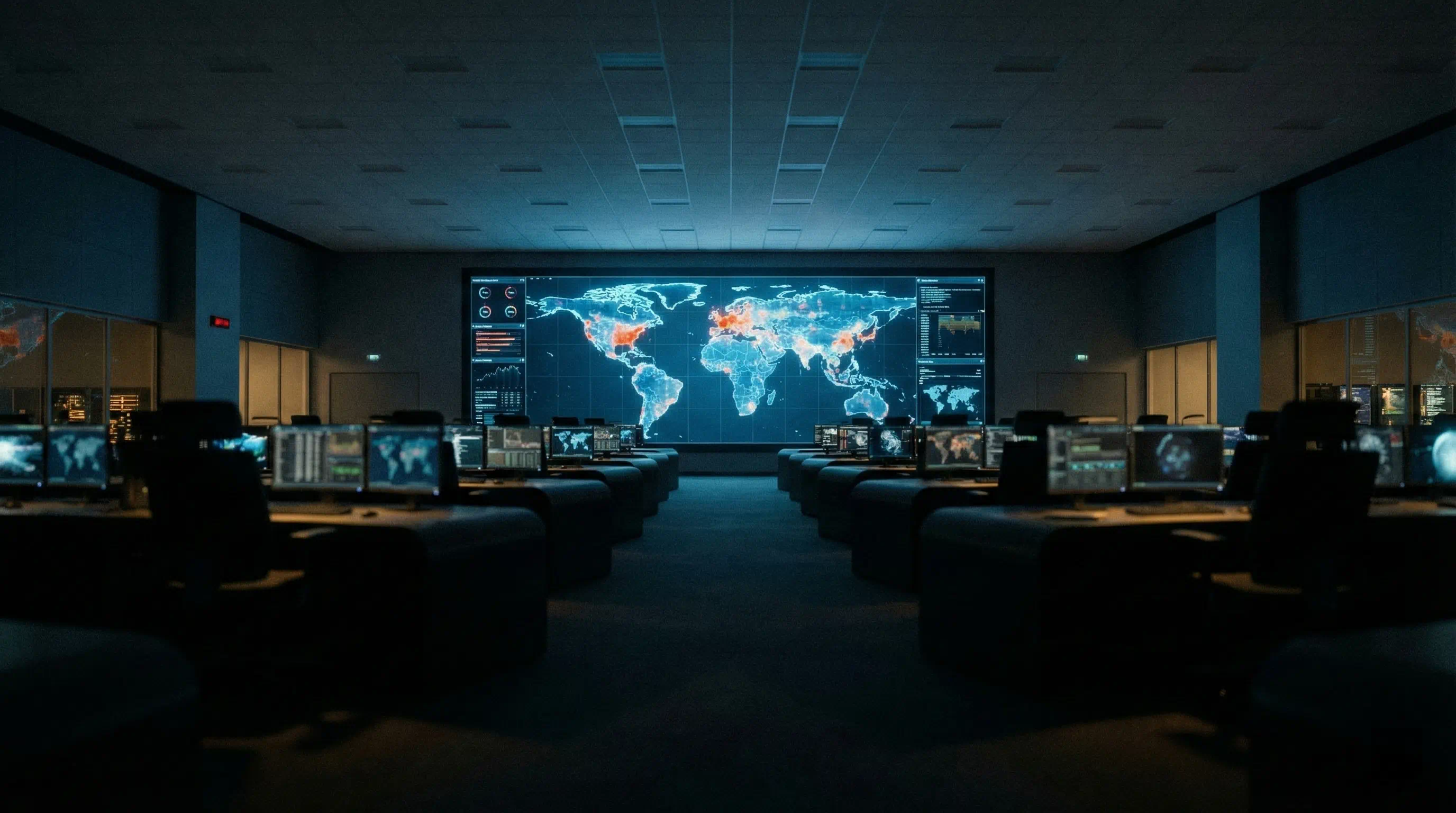 High-tech mission control center featuring a massive digital world map tracking global data activity.