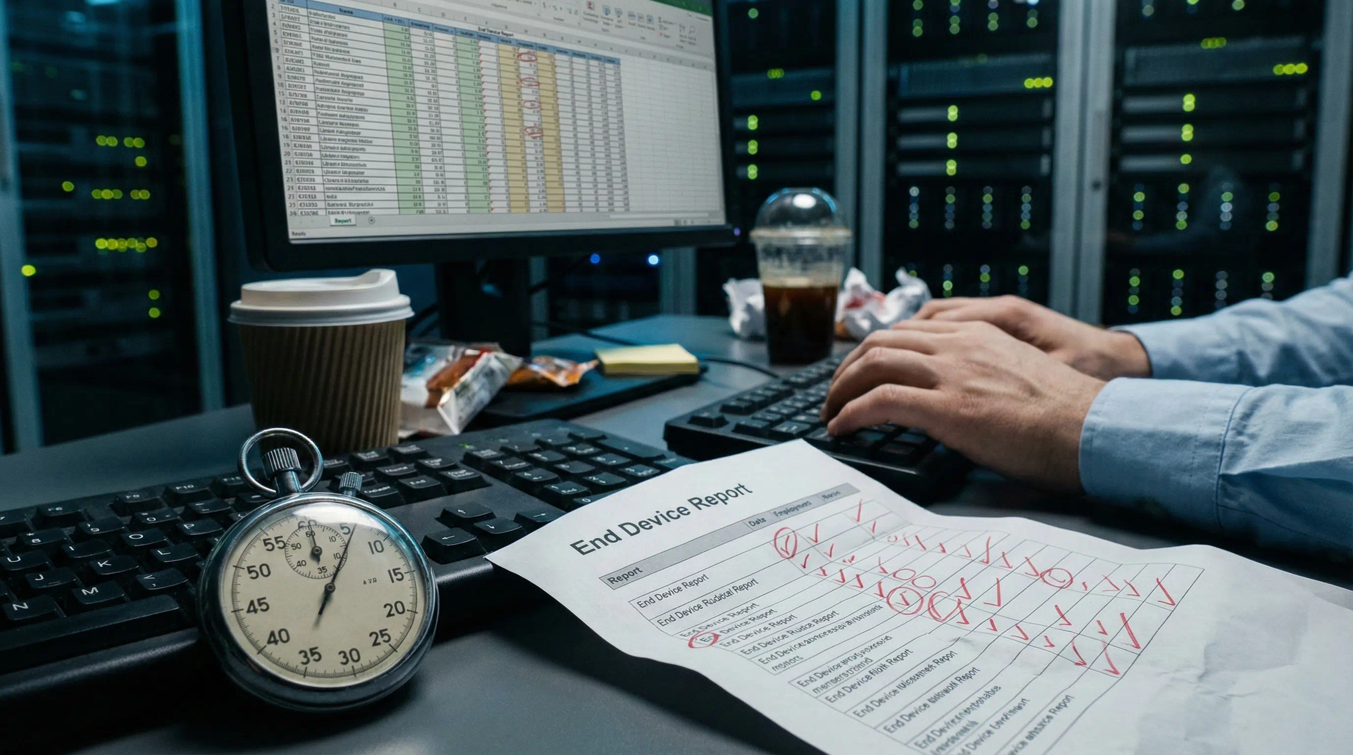 Engineer's desk cluttered with manual End Device Reports and a stopwatch, illustrating slow auditing.