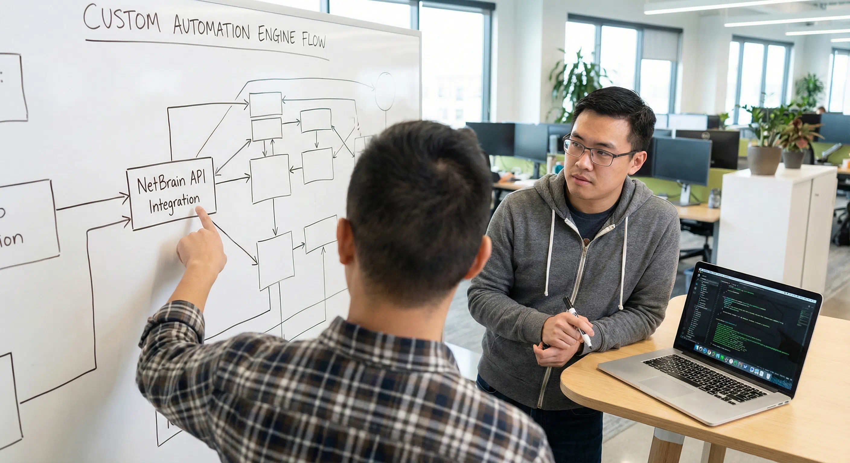 Engineers sketching a custom NetBrain API automation workflow on a whiteboard.