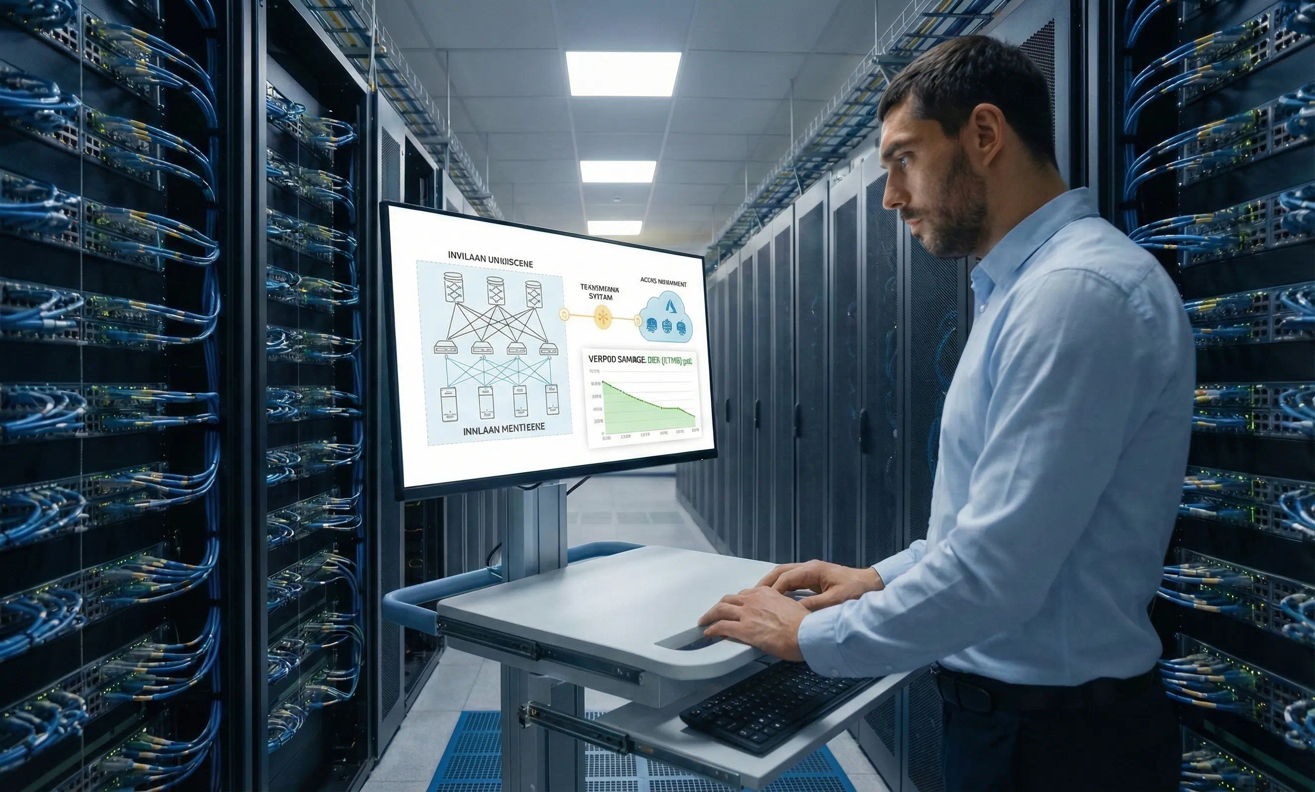 IT infrastructure specialist monitoring a rack-mounted console displaying a hybrid cloud network topology and performance graphs within a modern data center aisle.