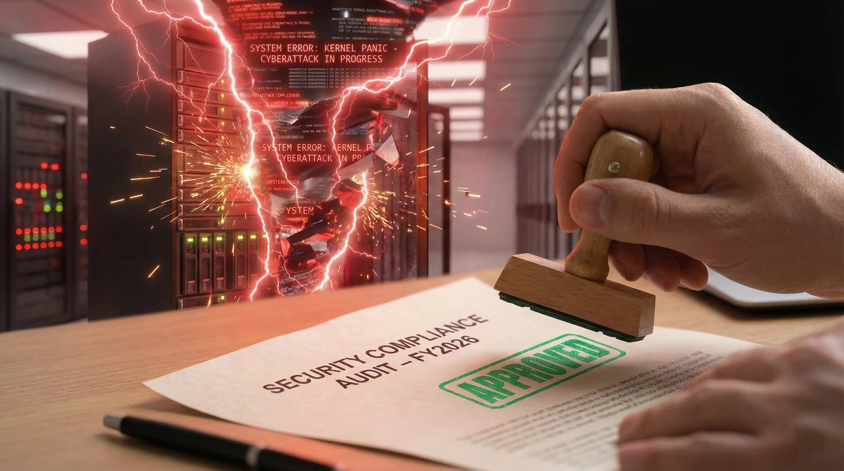 Conceptual illustration contrasting a server rack suffering a "Kernel Panic" cyberattack against a hand stamping a "Security Compliance Audit" document, symbolizing the gap between paper compliance and active defense.