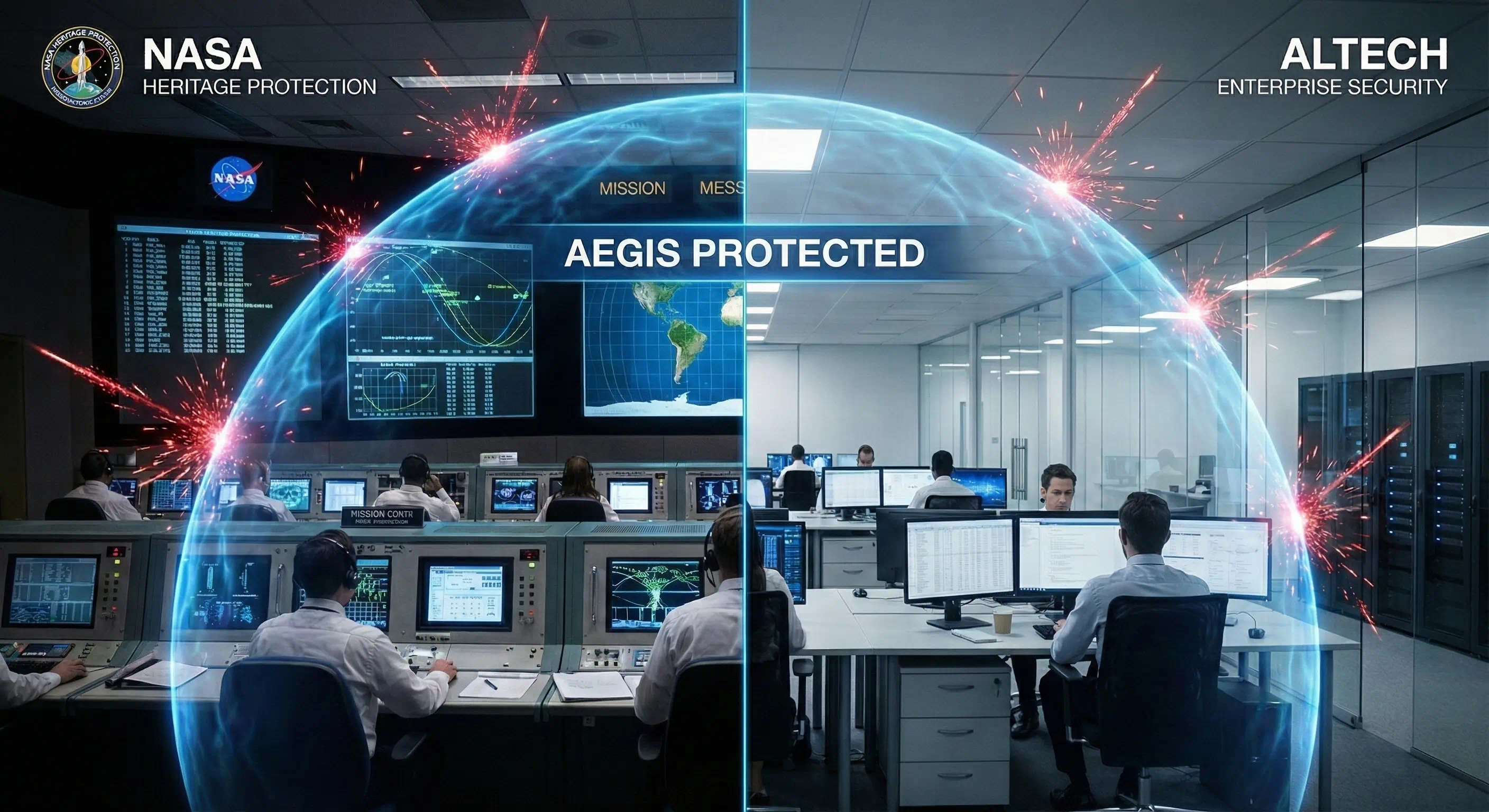 Split-screen visualization titled "AEGIS Protected," depicting a blue digital shield defending both a NASA mission control room and a modern Altech enterprise office from red cyber threats.
