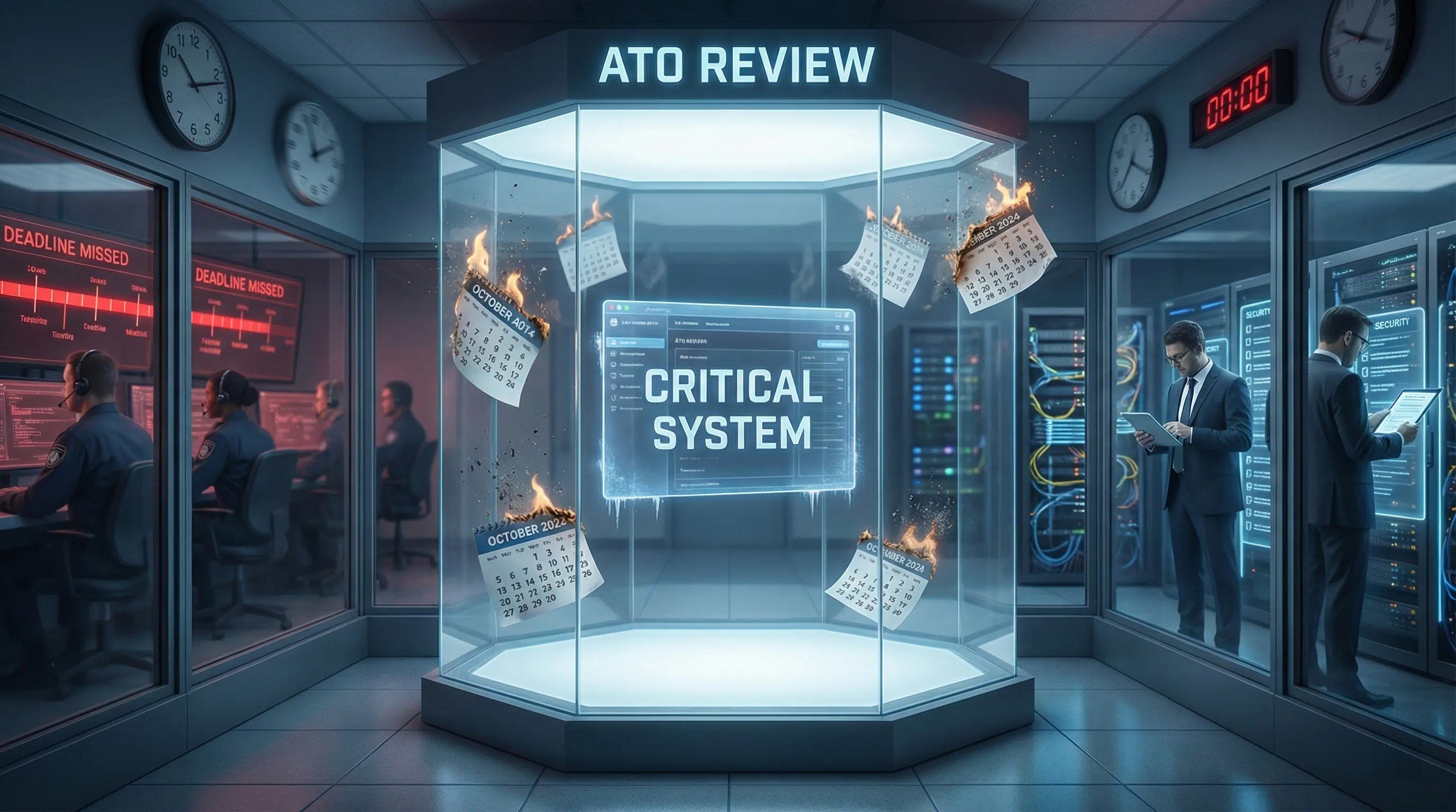 Conceptual illustration of an "ATO Review" bottleneck, depicting a "Critical System" trapped inside a glass box with burning calendar pages and "Deadline Missed" warnings outside.