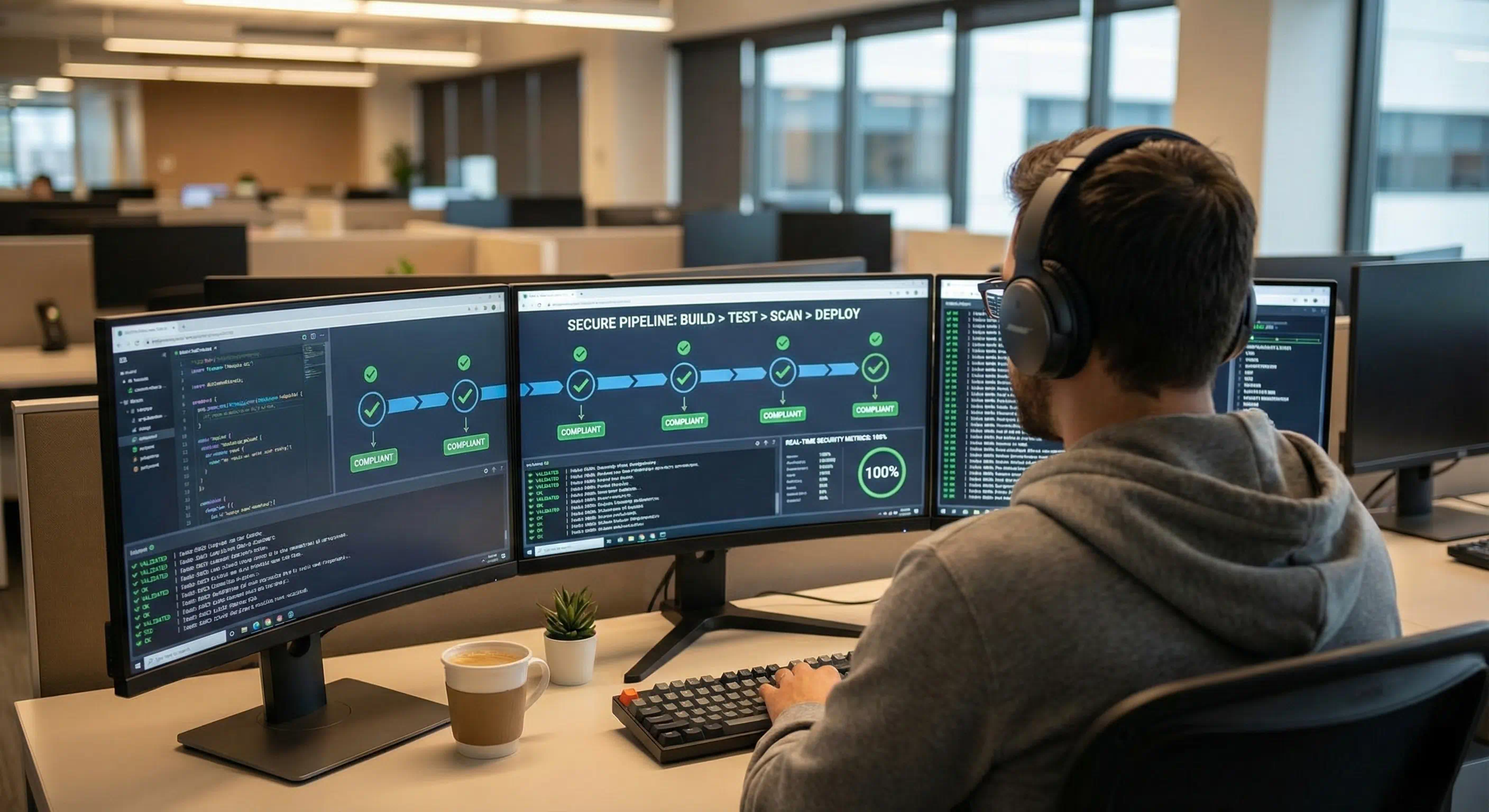 Software engineer wearing headphones monitoring a secure CI/CD pipeline on multiple screens, showing a green workflow of "Build > Test > Scan > Deploy" with 100% compliance.