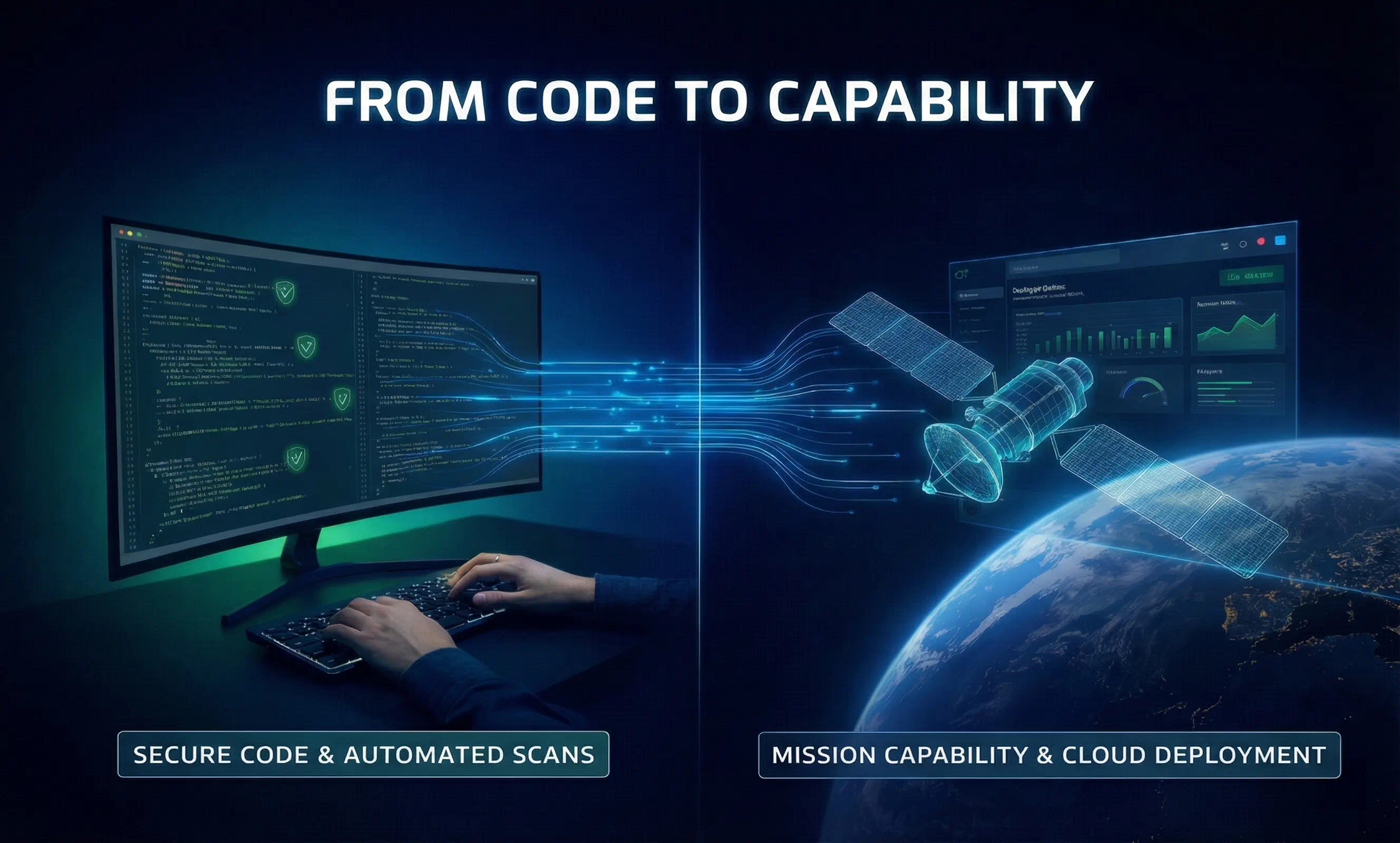 Split-screen graphic titled "From Code to Capability" illustrating the transition from secure coding on a dark screen on the left to a deployed satellite mission in orbit on the right.