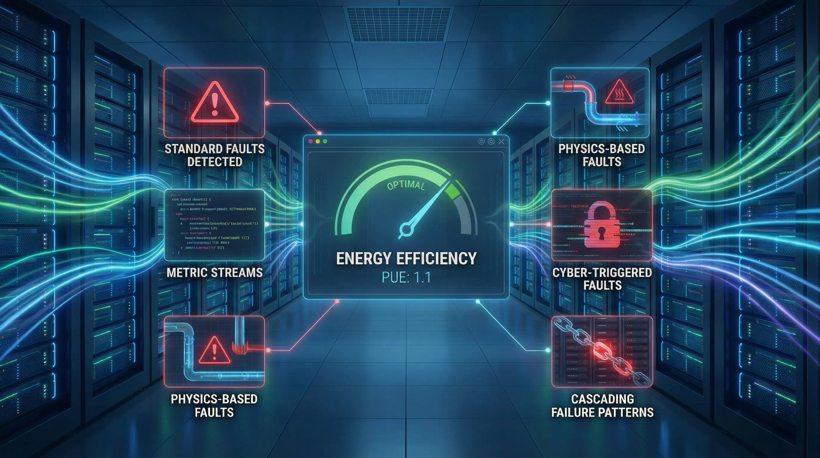 Data center server racks overlaid with a digital dashboard showing a 'PUE 1.1' energy efficiency score and fault indicators.