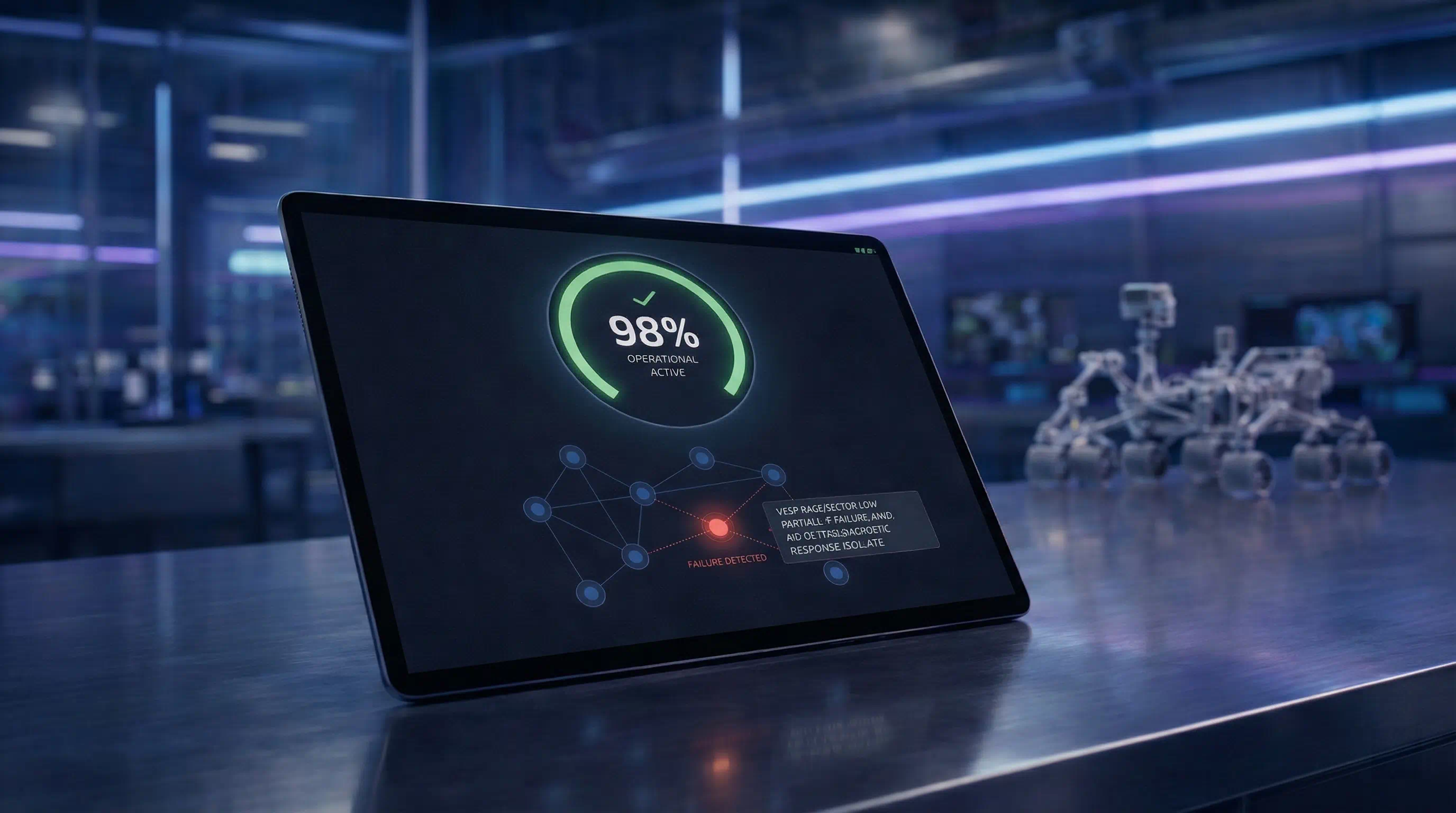 Tablet displaying a network health dashboard and failure alerts with a Mars rover in the background.