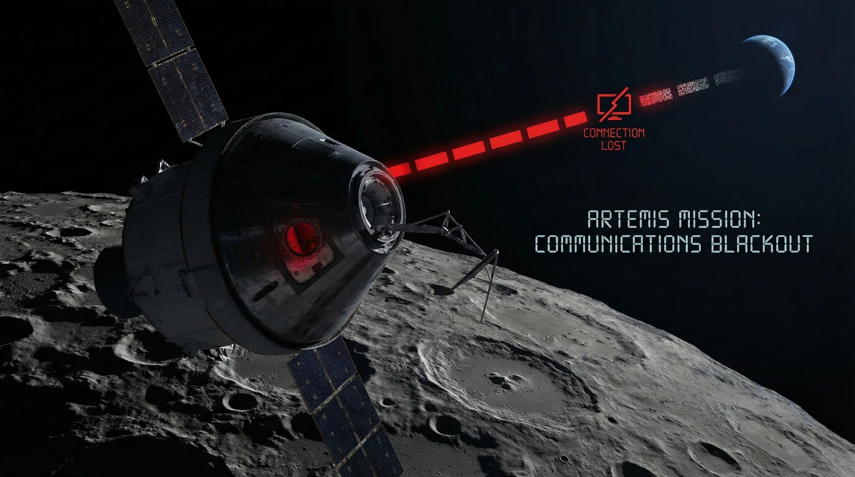 Digital illustration of a spacecraft in orbit experiencing a critical failure, visualized by a red disconnected signal line and text reading "Connection Lost" and "Artemis Mission: Communications Blackout."
