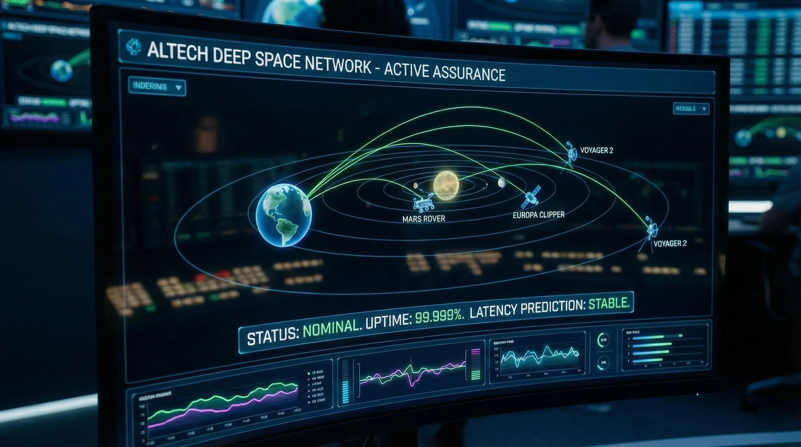 Dashboard interface titled "Altech Deep Space Network - Active Assurance" displaying real-time telemetry of planetary orbits including Earth and Mars, with status indicators reading "Nominal" and "Stable."