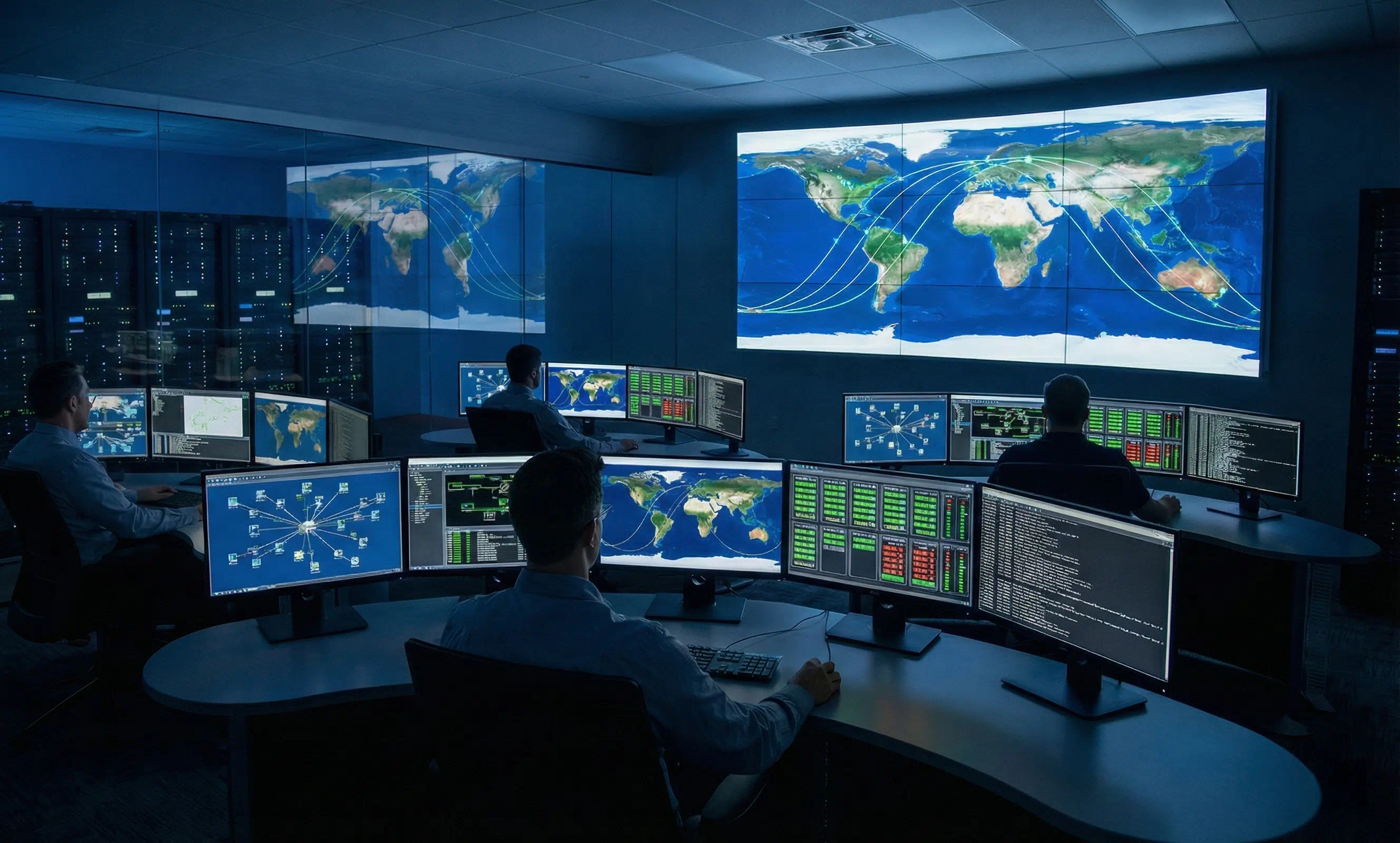 Darkened mission control center featuring a large video wall displaying a global map with illuminated network connection paths, monitored by seated operators.