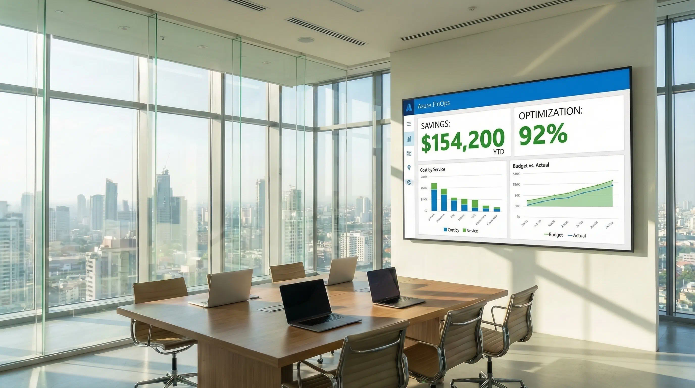 Conference room screen showing an Azure FinOps dashboard with 92% optimization metrics.