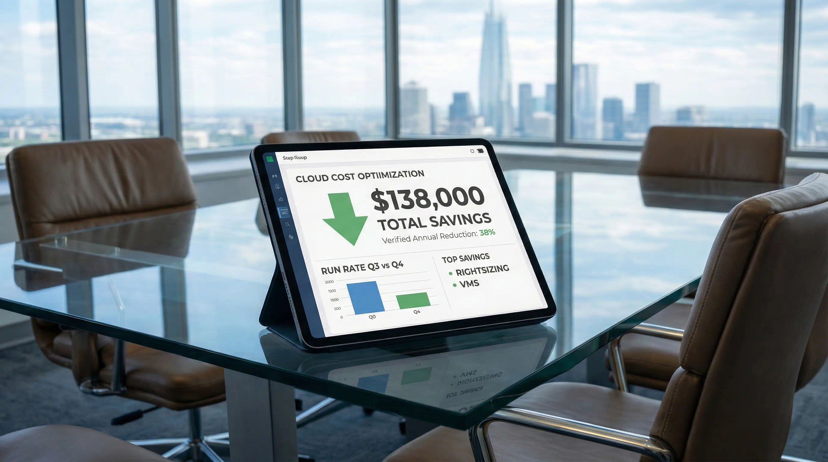 Tablet displaying a Cloud Cost Optimization report showing $138,000 in verified annual savings.