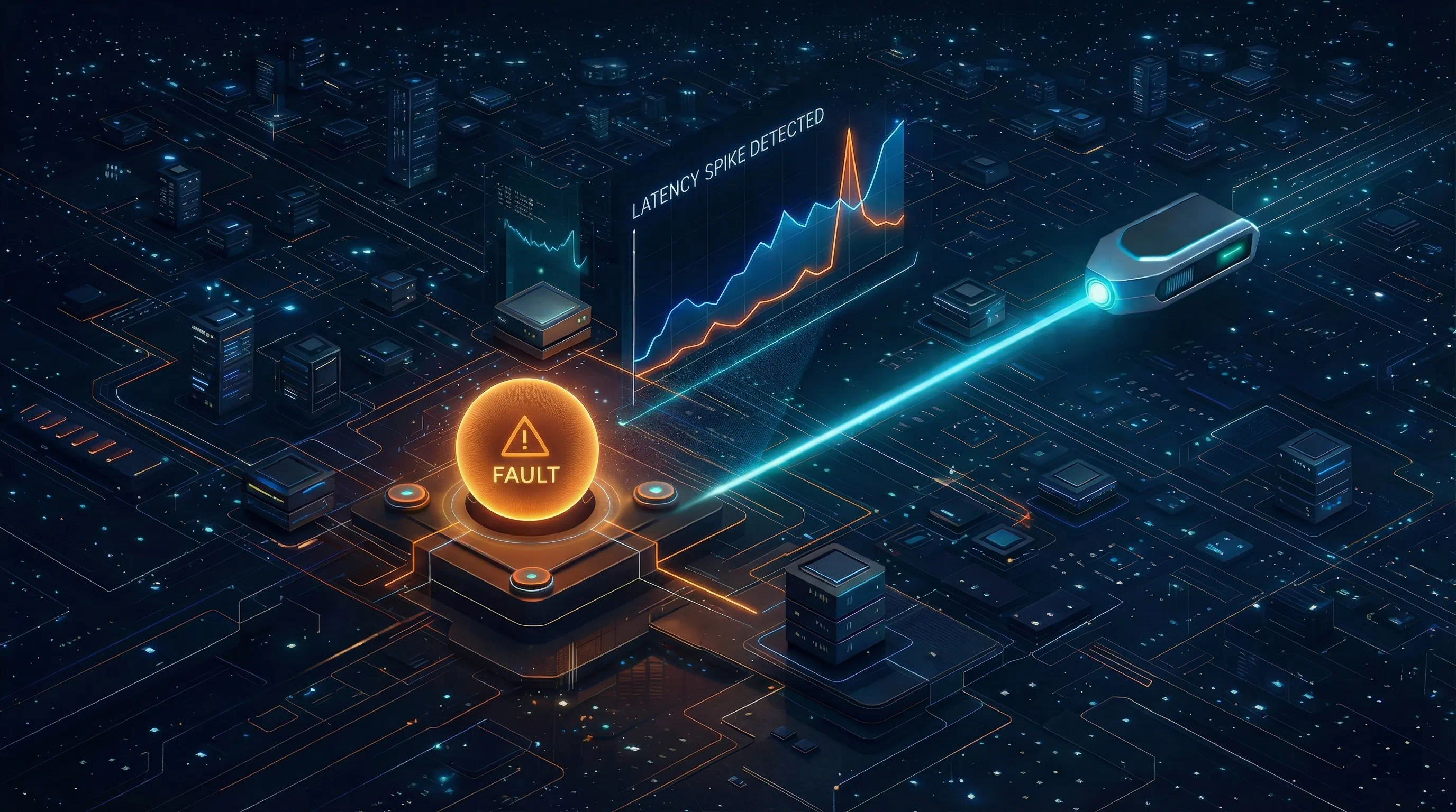 Digital isometric visualization of a network diagnostic tool pinpointing a glowing orange 'FAULT' sphere alongside a 'Latency Spike' graph.
