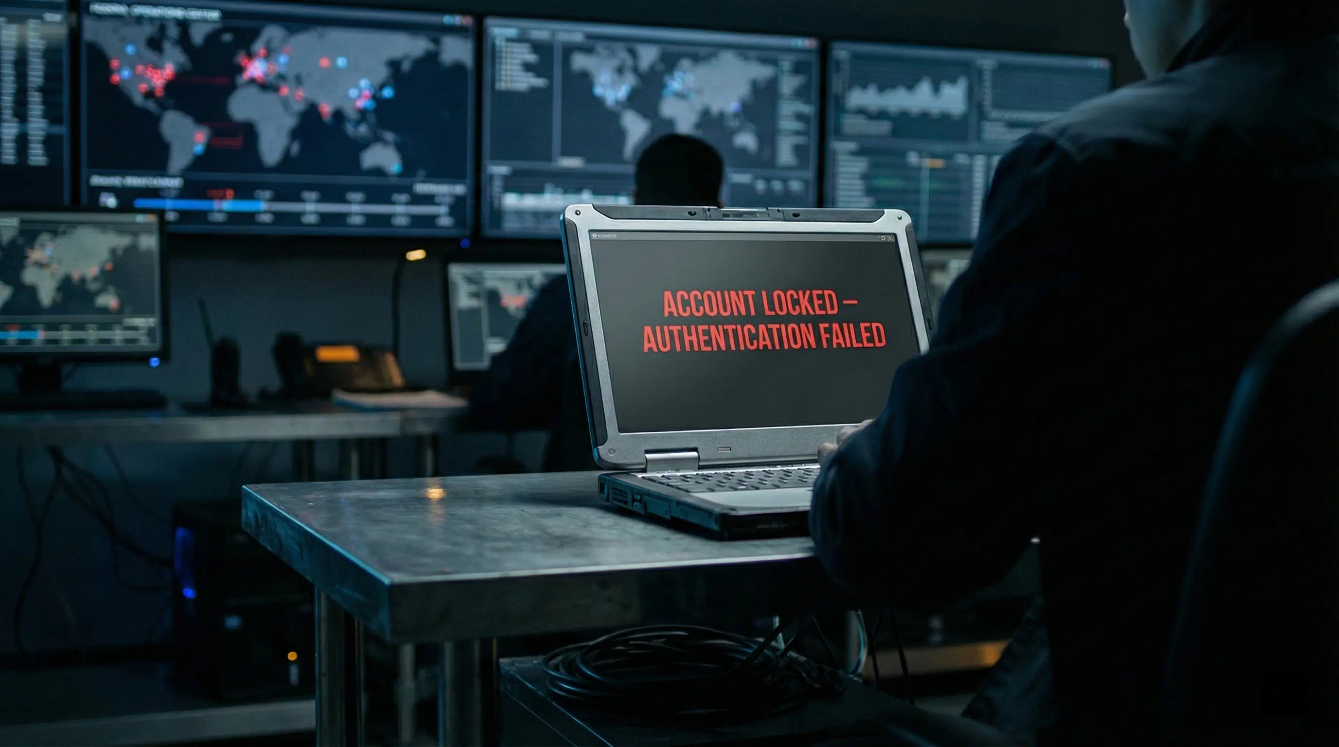 Laptop screen displaying a critical red "Account Locked – Authentication Failed" error message sitting on a metal desk in a dark operations room.