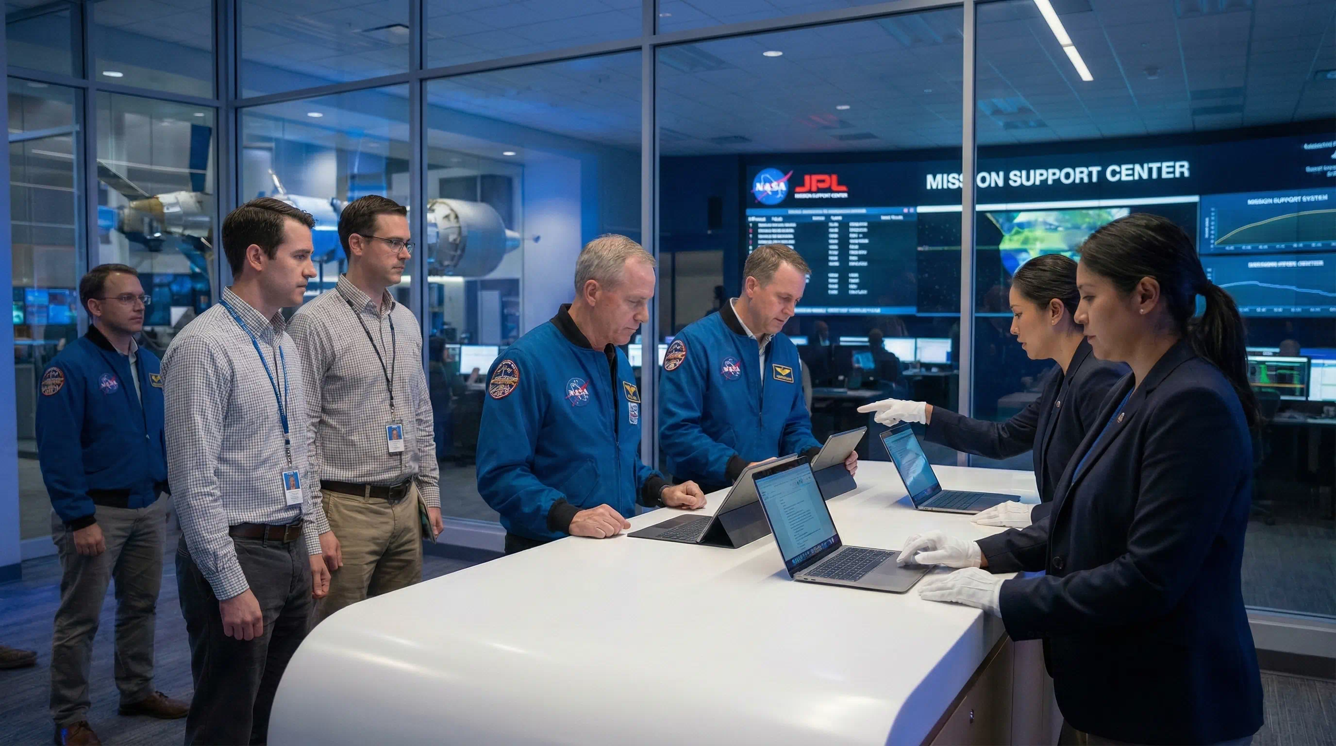 Bright, modern walk-up IT support center resembling a "Genius Bar," staffed by personnel in mission jackets assisting users with laptops in front of a "Mission Support Center" video wall.