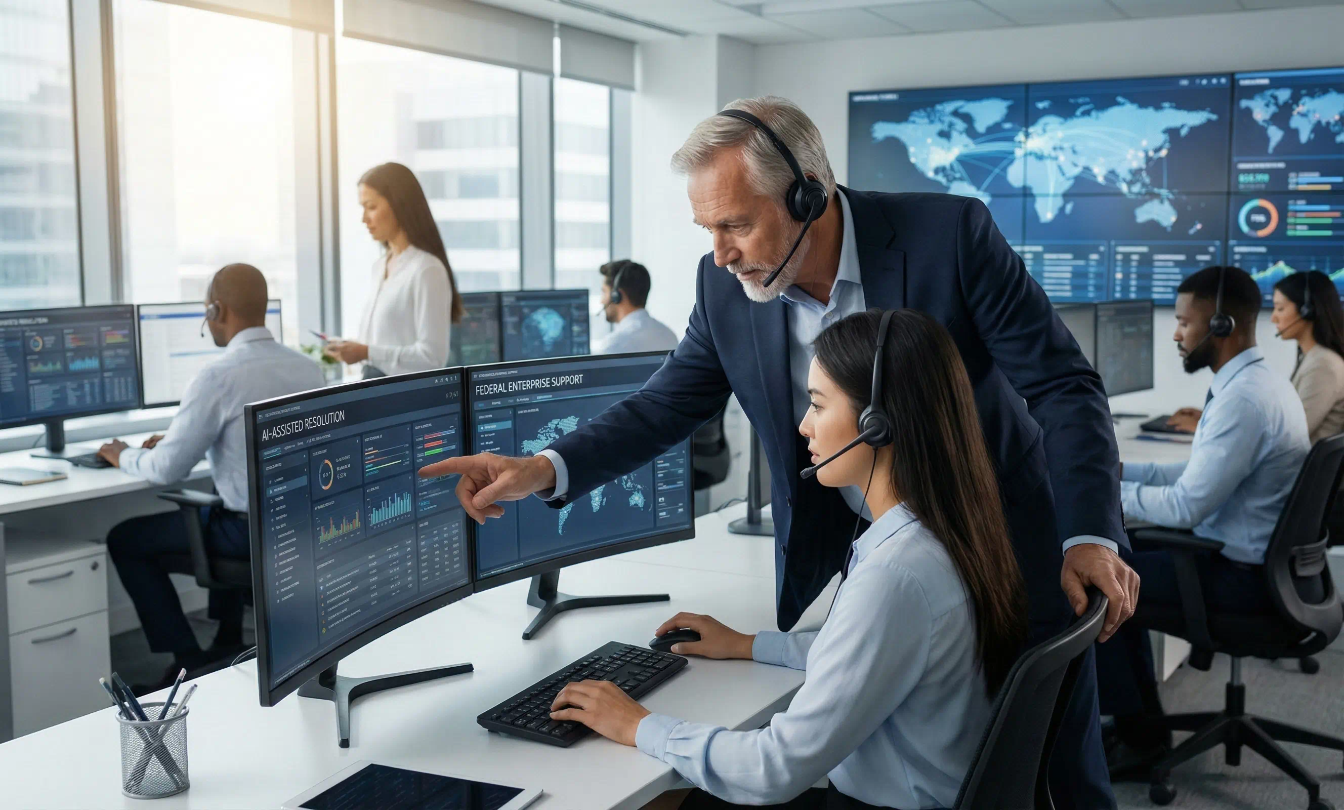 Senior IT support specialist wearing a headset guiding a colleague through an "AI-Assisted Resolution" dashboard in a busy enterprise service center.