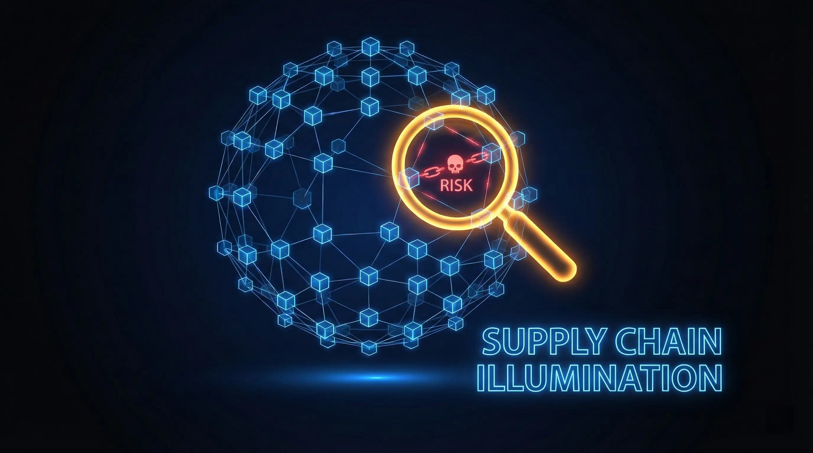Digital globe representing a supply chain network, with a magnifying glass revealing a hidden 'Risk' node and broken link.